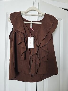 Monica's Brown Ruffle Front Sleeveless Camisole